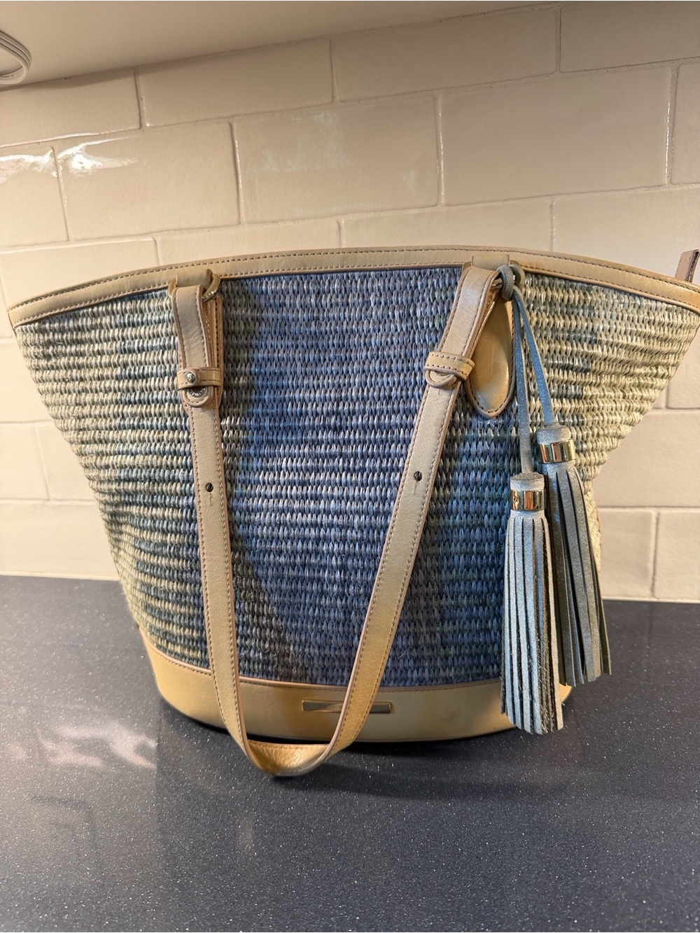 Brahmin Med Bowie Zip-top Blue-GreenWoven Tote with Tan Leather Trim - Picture 3 of 13